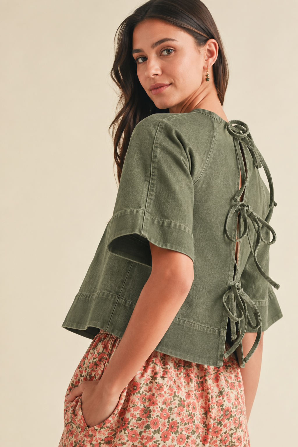 The Olive Blouse – Olive Green Stretch Denim Tie-Back Blouse