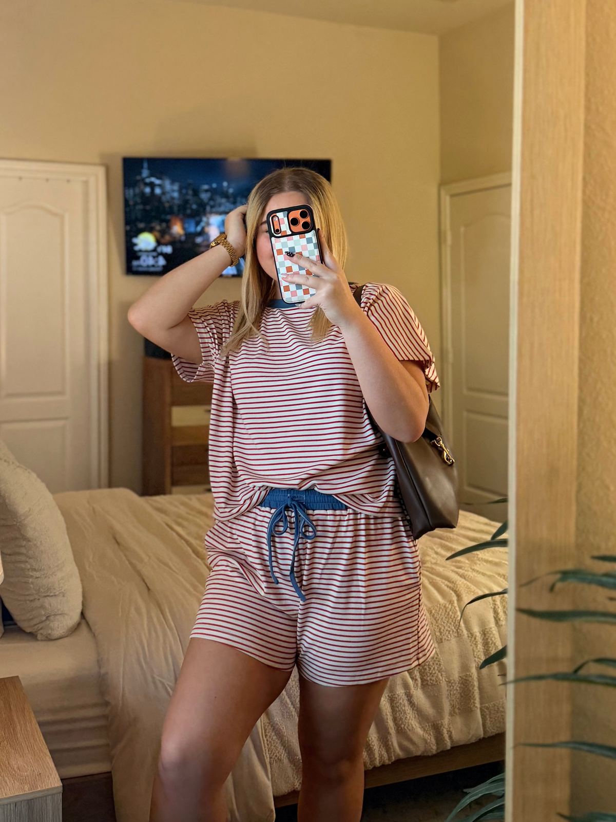 The Sunday Set – Brick & Dusty Blue Striped Two-Piece Shorts Set
