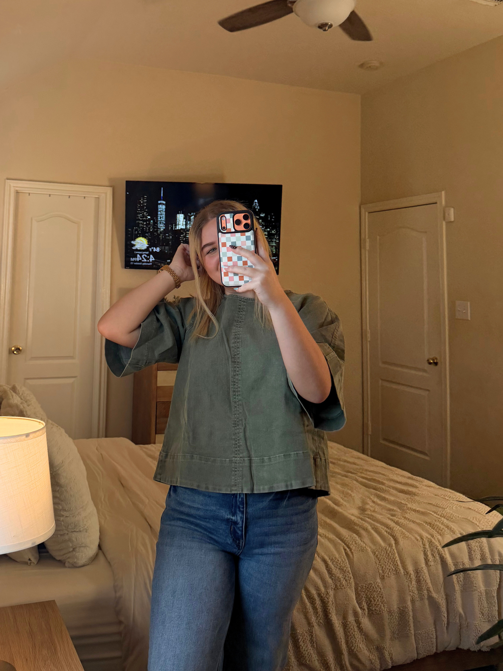 The Olive Blouse – Olive Green Stretch Denim Tie-Back Blouse