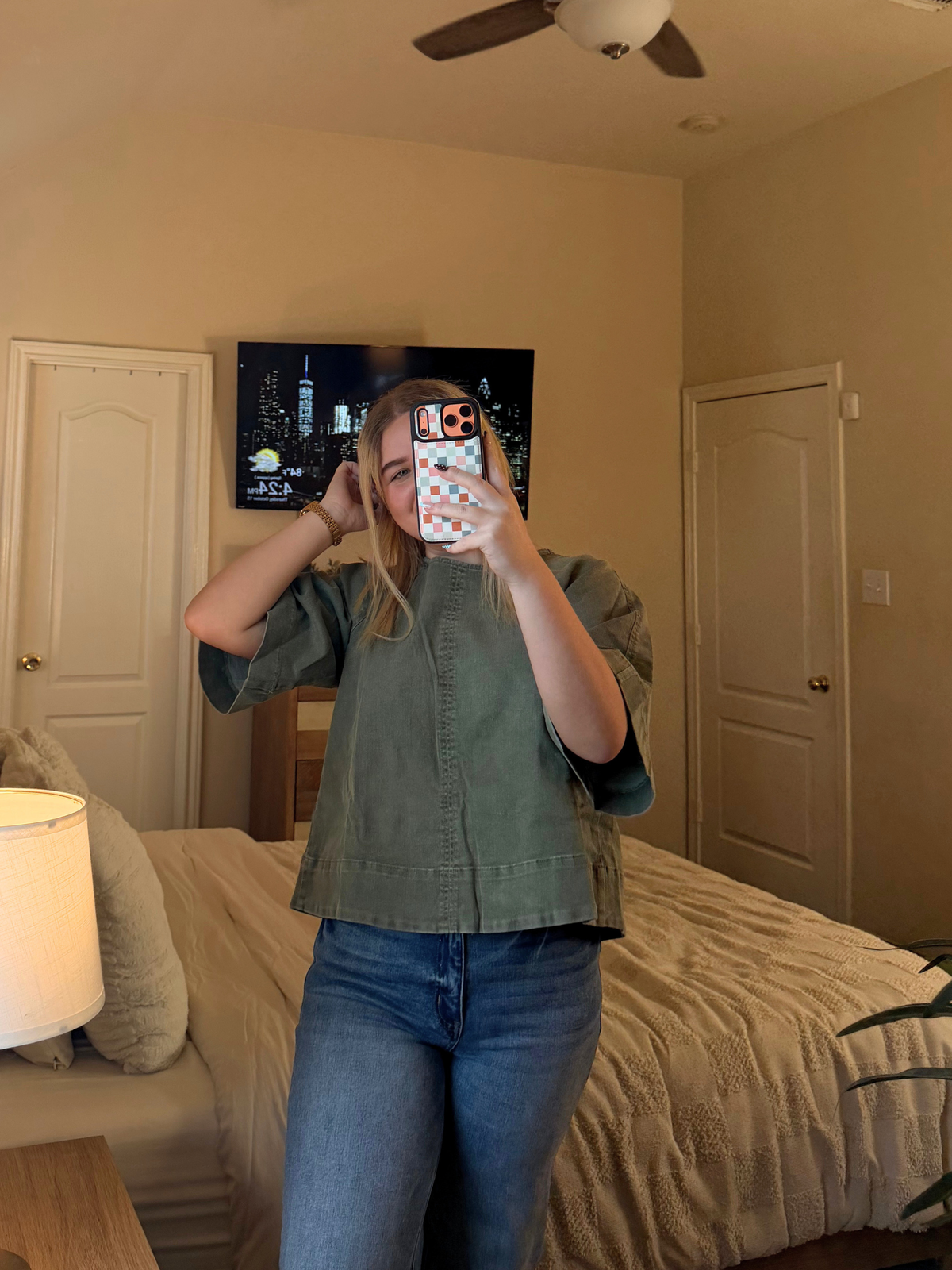 The Olive Blouse – Olive Green Stretch Denim Tie-Back Blouse