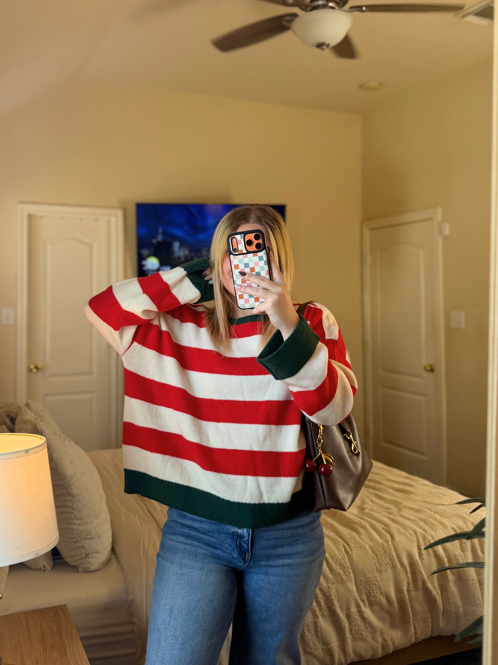 The Peppermint Sweater – Red & Ivory Striped Knit Sweater with Green Trim