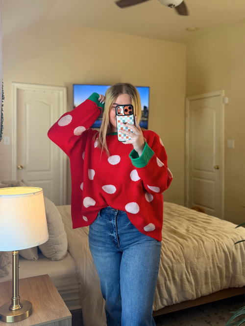 The Holly Jolly Sweater – Red Polka Dot Sweater with Green Trim