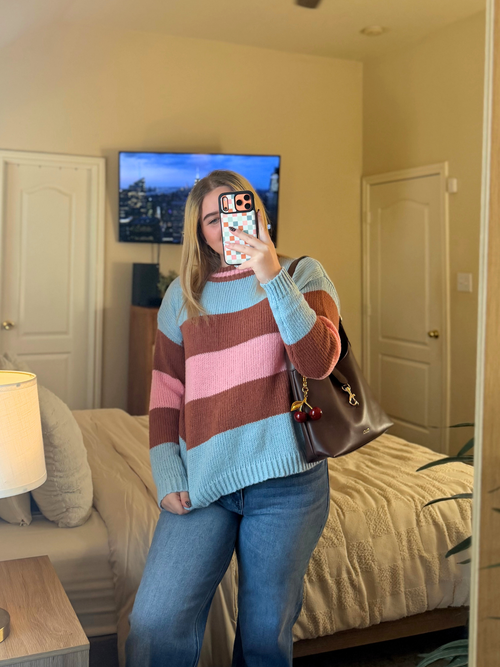 The Autumn Sweater – Blue, Brown & Pink Colorblock Striped Knit Sweater