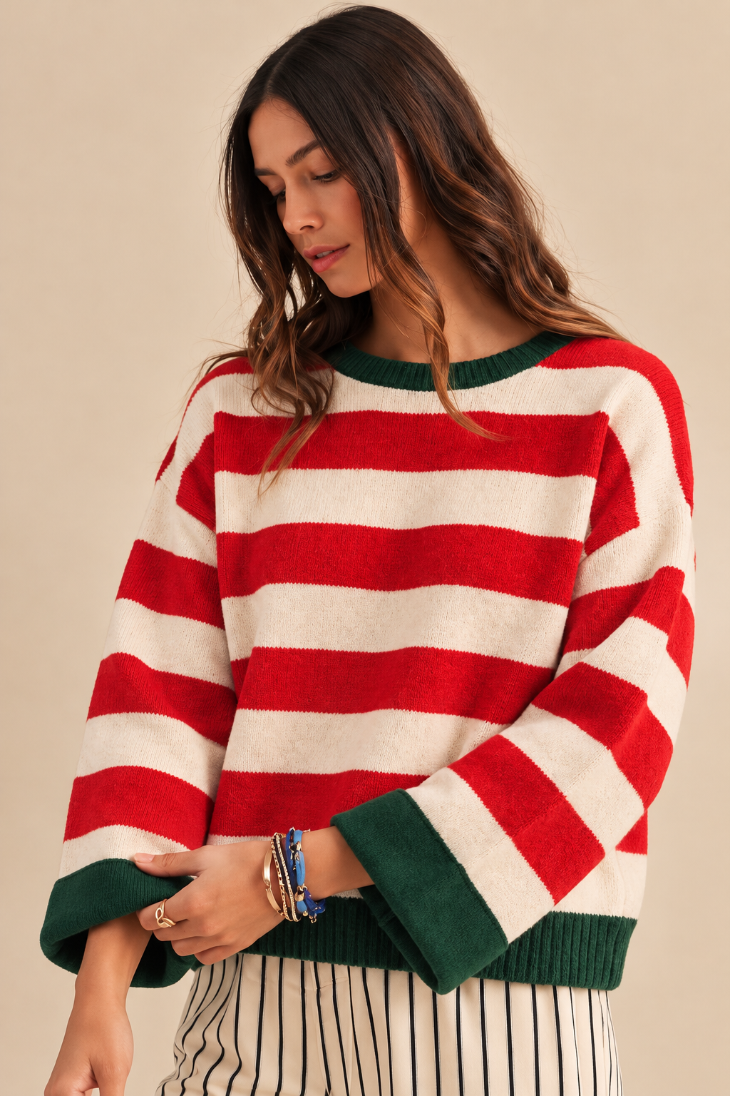 The Peppermint Sweater – Red & Ivory Striped Knit Sweater with Green Trim