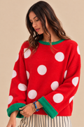 The Holly Jolly Sweater – Red Polka Dot Sweater with Green Trim