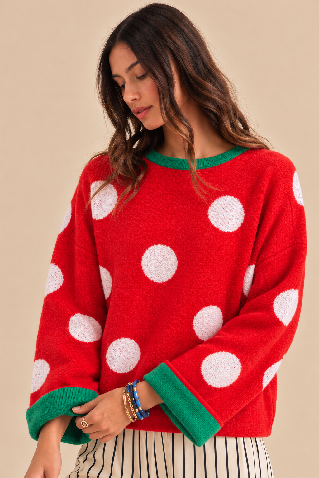 The Holly Jolly Sweater – Red Polka Dot Sweater with Green Trim