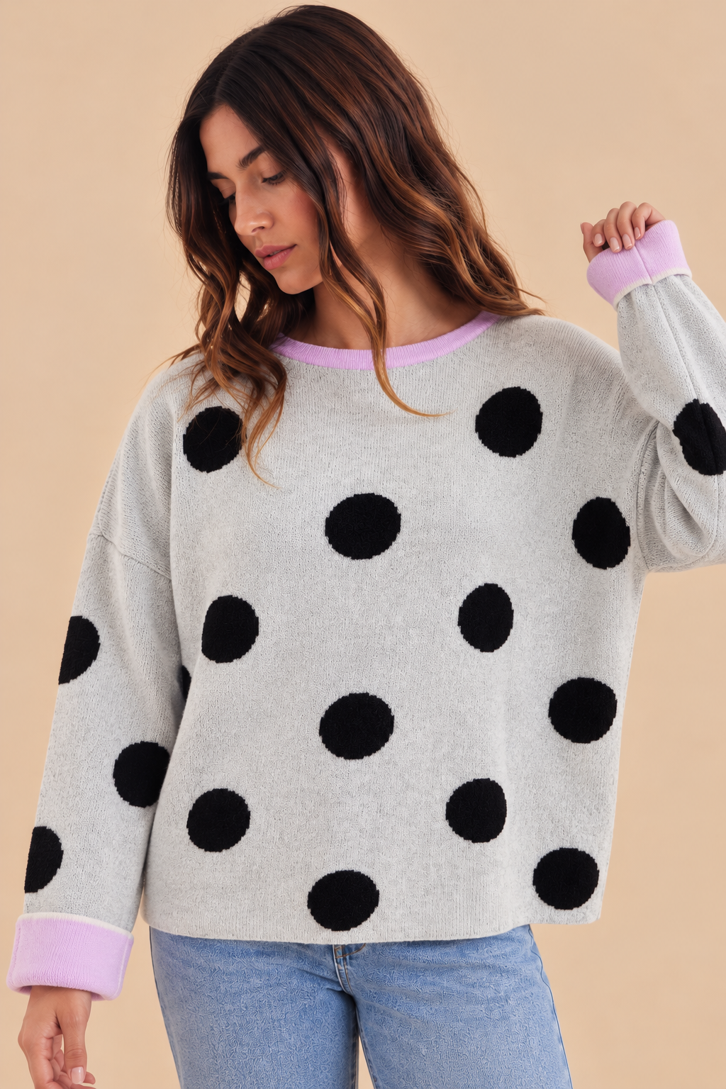 The Sophie Sweater – Polka Dot Sweater with Lavender Contrast Cuffs