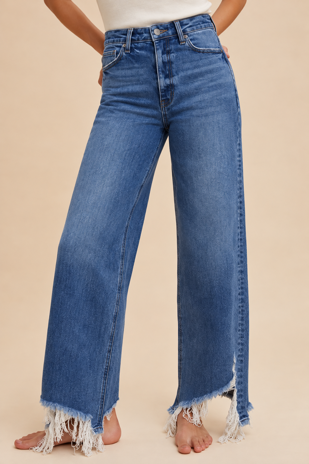 The Noelle Jeans – Light Wash High Waist Wide Leg Jeans with Distressed Hem