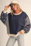 The Caroline Sweater – Navy Floral and Striped Waffle Knit Pullover *PREORDER*