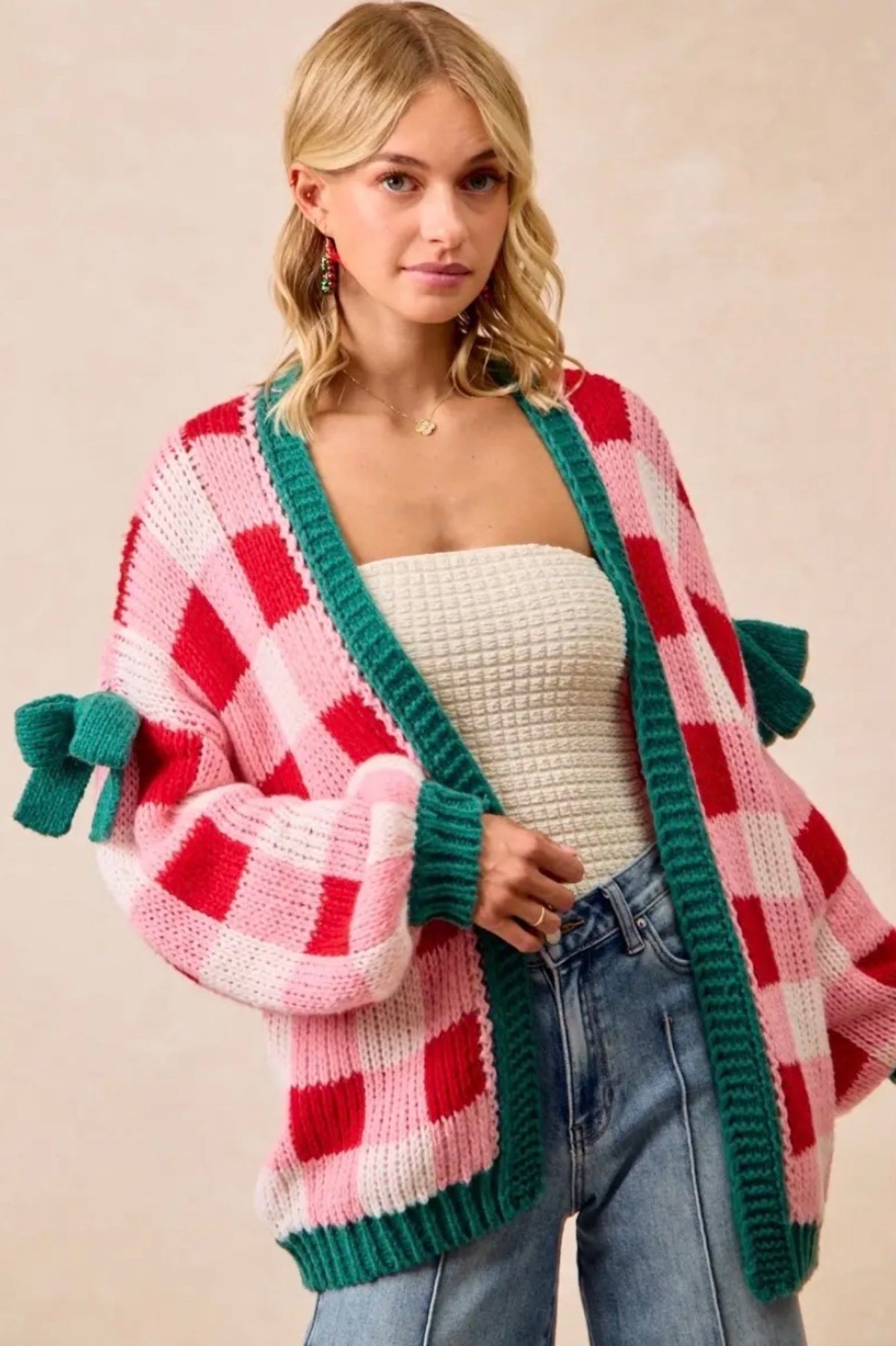 The Sugarplum Cardigan – Pink & Red Checkered Knit Cardigan with Green Bows *PREORDER*