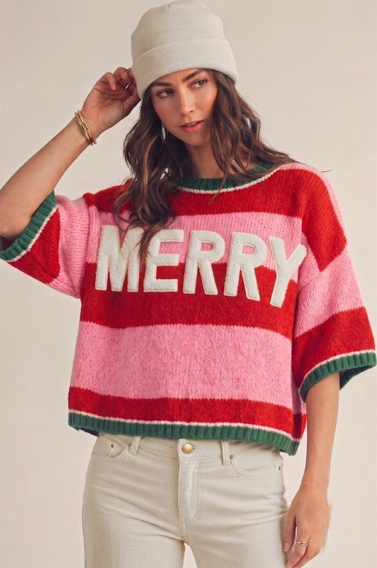 The Merry Sweater Top – Pink & Red Striped Merry Graphic Sweater Top *PREORDER*